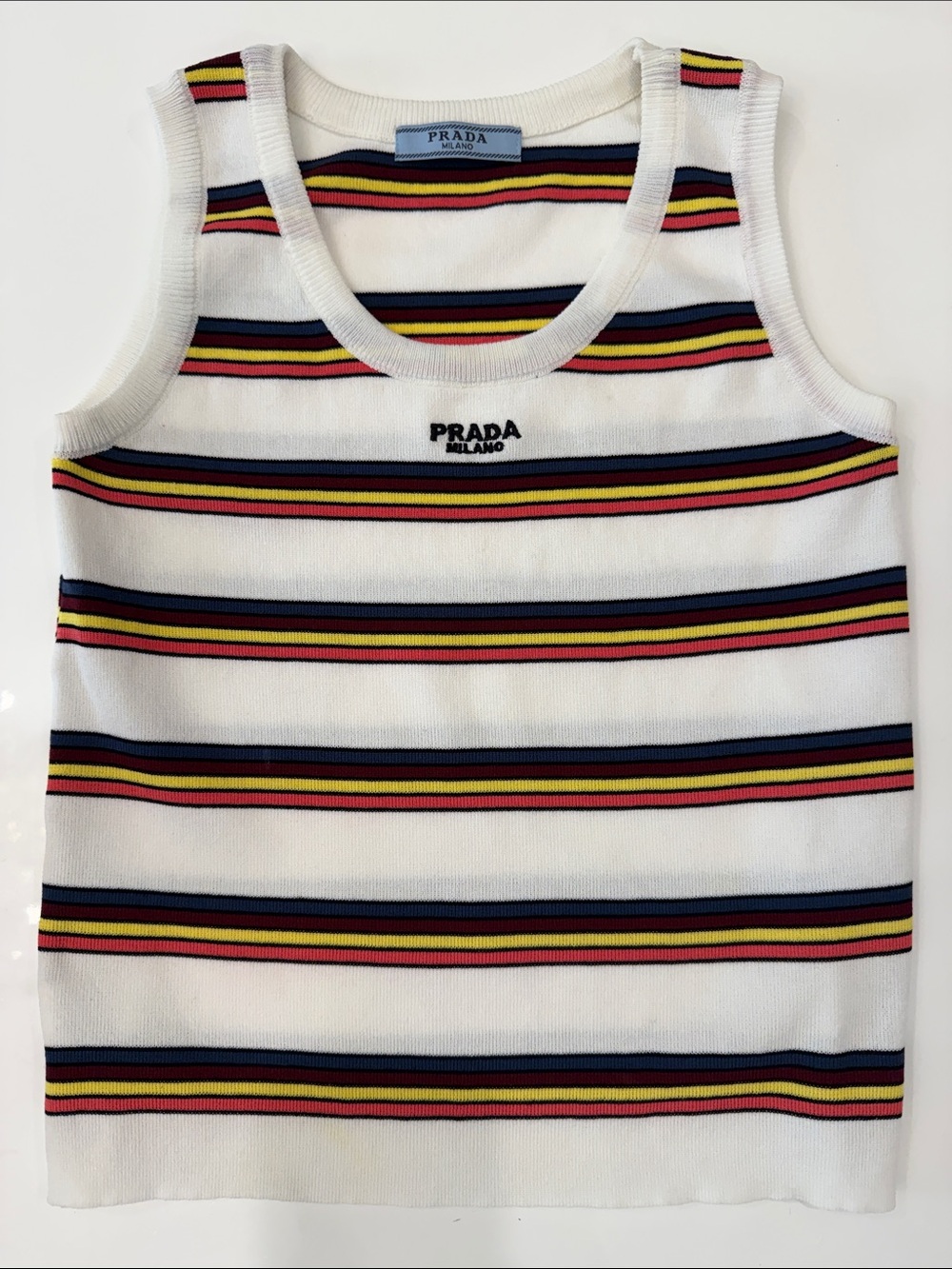 Women’s White Tank Top with Navy, Yellow & Red Stripes